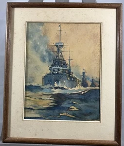 Ancien bâtiment de guerre en manoeuvre Aquarelle peintre de la marine présumé - Picture 1 of 13