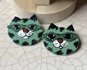 Hand Painted Wood Cat Earrings Dangle Drop Wooden Statement Jewelry Folk Art - Picture 1 of 2