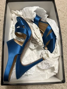NIB J Crew Women's Georgina Platform Heels Azure Blue Satin Made Italy Size 6.5 - Picture 1 of 6