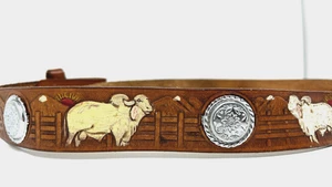 42" vintage thick leather Belt painted sheep silver medallions western cowboy - Picture 1 of 8
