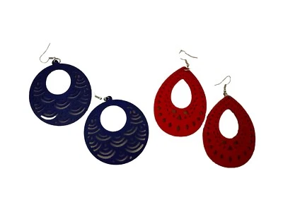 Cute lot of 2 pair wood cut out earrings purple circles red teardrops NWOT - Image 1 of 3