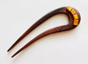 AUTHENTIC HANDMADE WOODEN HAIR PIN STICK PICK SONO WOOD WITH NATURAL SEA SHELL - Picture 1 of 4