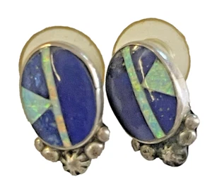 SIGNED STERLING LAPIS & OPAL INLAY EARRINGS & PENDANT NAVAJO ARTIST SADIE W - Picture 1 of 7
