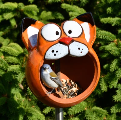 陶瓷花园装饰,猫草坪桩 - 送鸟器户外雕像 H 13 厘米 — 第 1/4 张图片