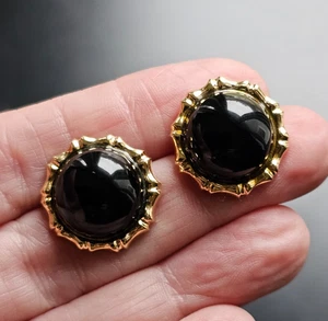 14K Gelbgold Ohrringe groß rund schwarz Onyx Kuppel Cabochon 20 mm 7,2 g Pfosten - Bild 1 von 8