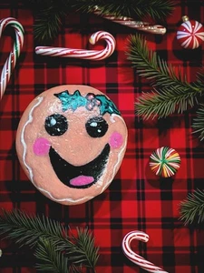 Painted Rock Gingerbread Woman Face Holly Berry Holiday Acrylic Art Sealed 2X2 - Picture 1 of 1