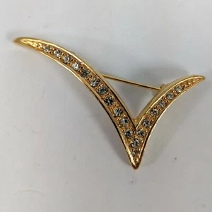 Rhinestone Signed PISCITELLI Brooch Goldtone Pin Checkmark or V - Picture 1 of 3