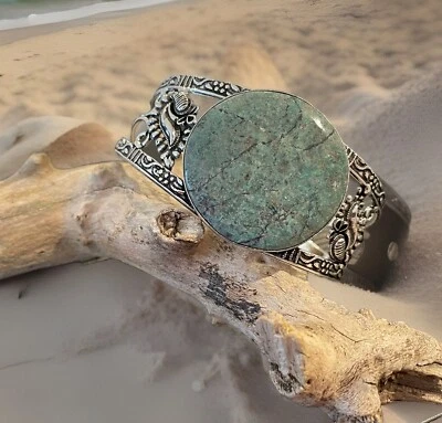 Регулируемый браслет/манжета с драгоценными камнями хризоколла — покрытие из стерлингового серебра 925 - Изображение 1 из 3