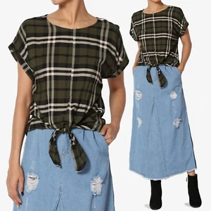TheMogan Petite Plaid Print Button Back Tie Waist Rolled Short Sleeve Crop Top - Picture 1 of 14