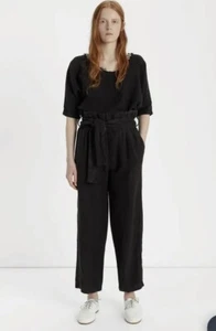 Black Crane Linen Paper Bag Pants Elastic Waist Tie Belt Size XS Pockets - Picture 1 of 12
