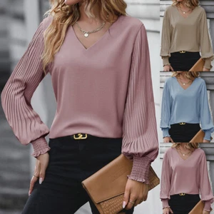 Women Ladies V-Neck Lantern Sleeve Solid T-Shirt Casual Loose Tunic Tops Blouse - Picture 1 of 21