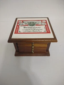 Vintage Budweiser Wood & Cork Coasters Set of 8 w/ Holder Case Chest         C3 - Picture 1 of 12