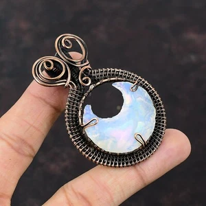 Milky Opal Rough Copper Gift For Mother Wire Wrapped Crescent Moon Pendant 2.56" - Picture 1 of 6