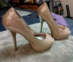 D Orsey High Heel Party Shoes SZ 7 Gold Glitter Open Toe Stilettos Platform Pump - Picture 1 of 11