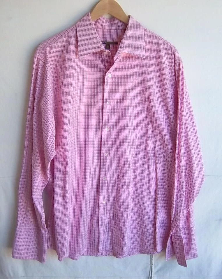 BCBG - Men's Red/Pink Houndstooth pattern Cufflink Style L/S Shirt-SIZE 17-34/35 - Imagem 1 de 1