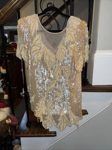 Vtg Lillie Rubin iridescent cream Silk Bead Sequins rhinestone  Tunic Long  S - Picture 1 of 3