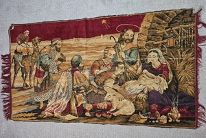 Vintage Tapestry Nativity Scene Big TORN USED Burgundy Multicolor Jesus Mary  - Picture 1 of 17