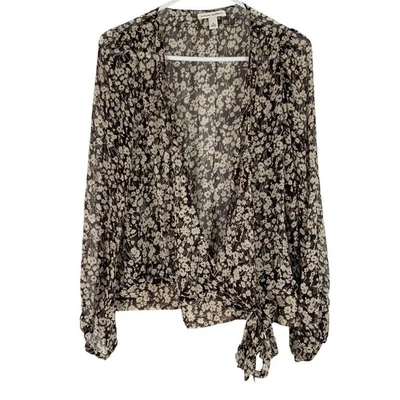 Blusa Banana Republic Marrón Crema Manga Larga Cuello en V Corbata Seda Transparente Talla M Foto 1 de 4