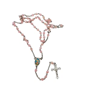 Pink Crystals Beads Rosary Necklace Lady of Pilar & Cross Crucifix 32" - Picture 1 of 5