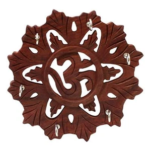 Handcarved Wooden Key Hanger for Wall Decor Holy Hindu symbol OM gift item  - Picture 1 of 2