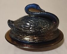 Sowerby Blue Iridescent Carnival Glass Swan On Nest Covered Bowl Dish NO DEFECTS