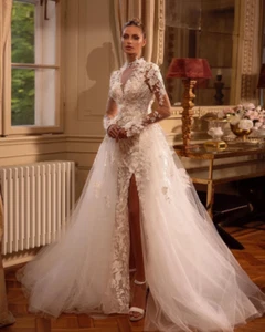 Vitange Long Sleeve Lace Mermaid Wedding Dresses With Open Back Appliques Tulle - Picture 1 of 11