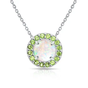 Round Halo Simulated White Opal & Peridot Necklace in Sterling Silver - Picture 1 of 3