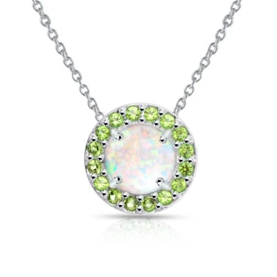 Rund Halo Labor Erstellt Weißer Opal & Peridot Halskette IN Sterlingsilber - Bild 1 von 3