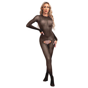 Womens Sheer Oil Glossy Bodystocking Crotchless Long Sleeve Bodysuit Jumpsuit 