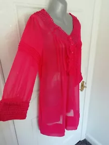 SIMPLY BE Size 14 Pink Semi Sheer Lace Frill Trim Long Blouse Top Ties at Back - Picture 1 of 8