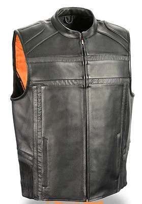 MEN'S MOTORCYCLE REFLECTIVE HIGH VISIBILITY BLK LEATHER VEST W/2 GUN POCKETS - Image 1 of 4