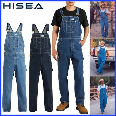 HISEA Mens Heavy Duty Denim Bib Overalls Relaxed Fit Workwear Dungarees Jumpsuit - Image 1 of 4