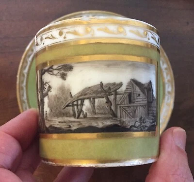 Antique 19th c. Old Paris Porcelain Green Grisaille Gold Coffee Can Tea Cup 1800 - Image 1 of 4
