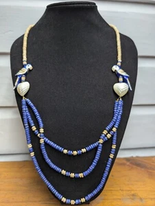 Blue & White Carved Wooden Bird & Mother Of Pearl Heart Layered Necklace .D16 - Picture 1 of 6
