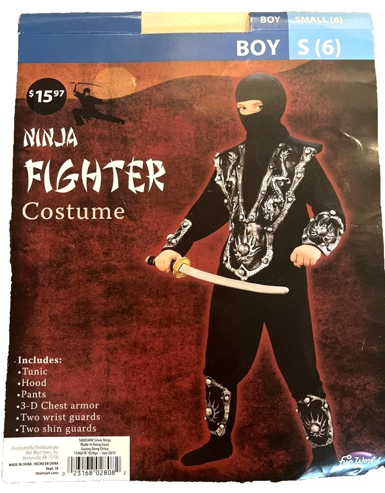 Disfraz de Luchador Ninja Talla Pequeña 6 Niños Traje de Halloween Negro Plata Conjunto de Armadura Foto 1 de 4
