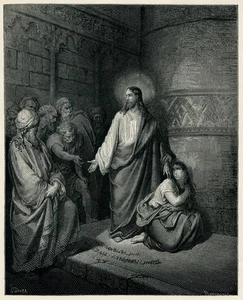 Gustave Dore JESUS PROTECTS WOMAN TAKEN IN ADULTRY bible art 1890 antique print - Picture 1 of 3