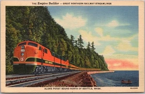 GREAT NORTHERN RAILWAY Linen Postcard EMPIRE BUILDER TRAIN / Puget Sound - 1949 - Picture 1 of 2