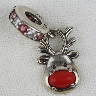 Pandora Red Nose Reindeer Murano CZ Dangle Holiday Christmas 925 Silver Charm - Image 1 of 4