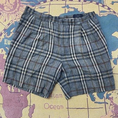 Burberry London Pantalones Cortos Para Hombre 36 Azul Cuadros Mezcla de Lino Vestido Plisado Informal Foto 1 de 4