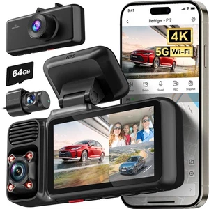 F17 Dash Cam 4K 3 Canali, 5GHz WiFi GPS Integrato con Scheda 64GB, 2160P+1080P... - Foto 1 di 7