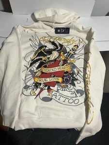 Sudadera con Capucha Ed Hardy Para Hombres XL Crema Marfil Corazones Perforados Amor Verdadero Tatuaje Águila Nueva con Etiquetas - Imagen 1 de 3