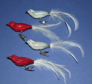4x vintage red & white birds: hand-blown glass Christmas/Xmas baubles/ornaments - Picture 1 of 2