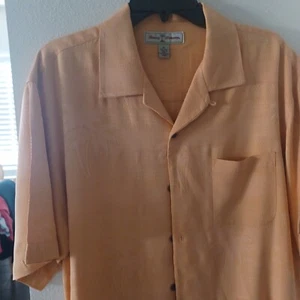 Tommy Bahama Shirt Peach Silk Hawaiian Palm Button Up Short Sleeve Casual Mens M - Picture 1 of 2