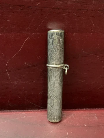 Antique Sterling Silver Engraved Sewing Needle Case Holder Loop Chatelaine Cover