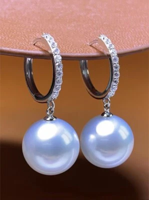 Sea Shell White Pearl 12mm DC Dangle/Drop Hoop Earrings 14k White Gold Plated - Image 1 of 3