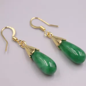GP Alloy Heating Jade Earrings Drop Women's Green Raindrop Elegant Earrings - Picture 1 of 4