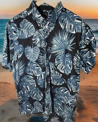 MEN'S BLUE TROPICAL HAWAIIAN BUTTON UP SHIRT WITH LEAVES ON BLACK XL MATIX - Image 1 of 4