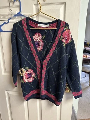Liz Claiborne 90s Knit Handmade Chunky Floral Cardigan Small Sweater Blue Med 42 - Image 1 of 4