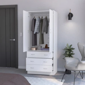 Wardrobe Wood Armoire Closet w/LED Light, Hanging Rail Cabinet Storage Organizer - Picture 1 of 12