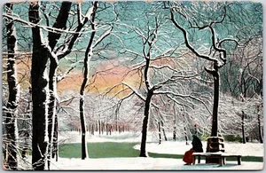 Winter Scene, Snow-Covered Ground & Bare Trees with Figure, Vintage Postcard - Picture 1 of 2